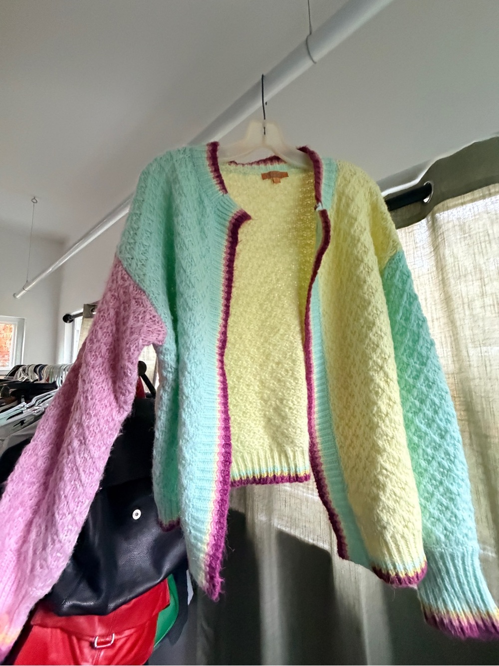 Pastel Colorblock Open Cardigan Sweater - Mint, Yellow & Pink